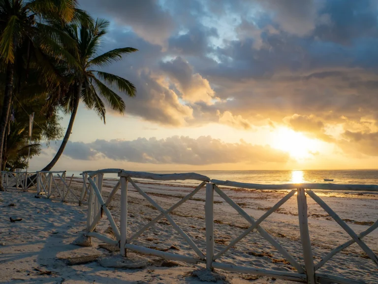 Sunset behind palm trees on a Kenyan coastal beach